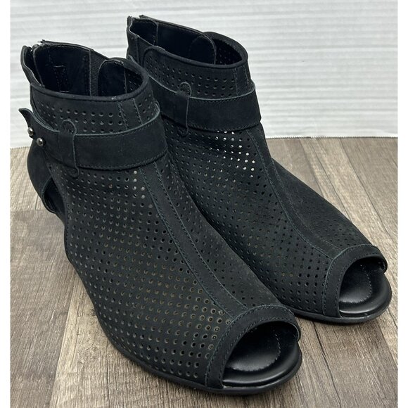 Earth Sandals Intrepid Black Leather Ankle Peep Toe Heels Shoes Womens Size 8.5B - Picture 2 of 13